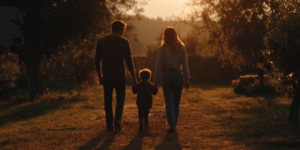 產後憂鬱與親子關係的示意圖，一家三口在陽光下散步